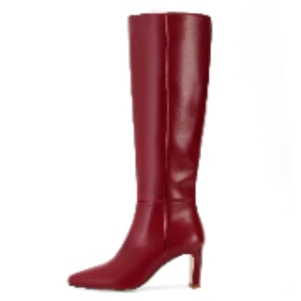 Knee High Boots With Chunky Heels Square Toe Pu Leather Side Zipper